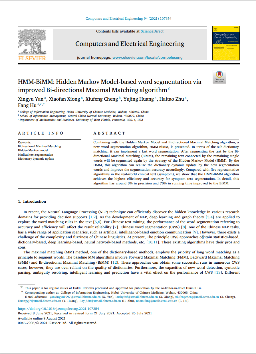 HMM-BiMM: Hidden Markov Model-based word segmentation via improved Bi-directional Maximal Matching algorithm(SCI)